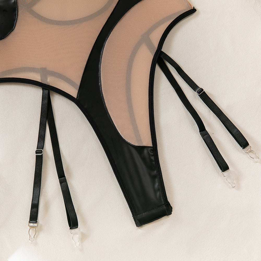 PU Leather & Mesh Halter Neck Bodysuit | Sheer Slim-Fit Onesie