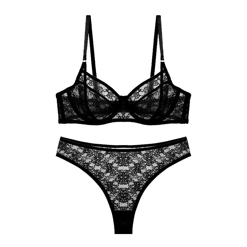 French Ultra-Thin Sheer Lace Bra Set – Full Coverage