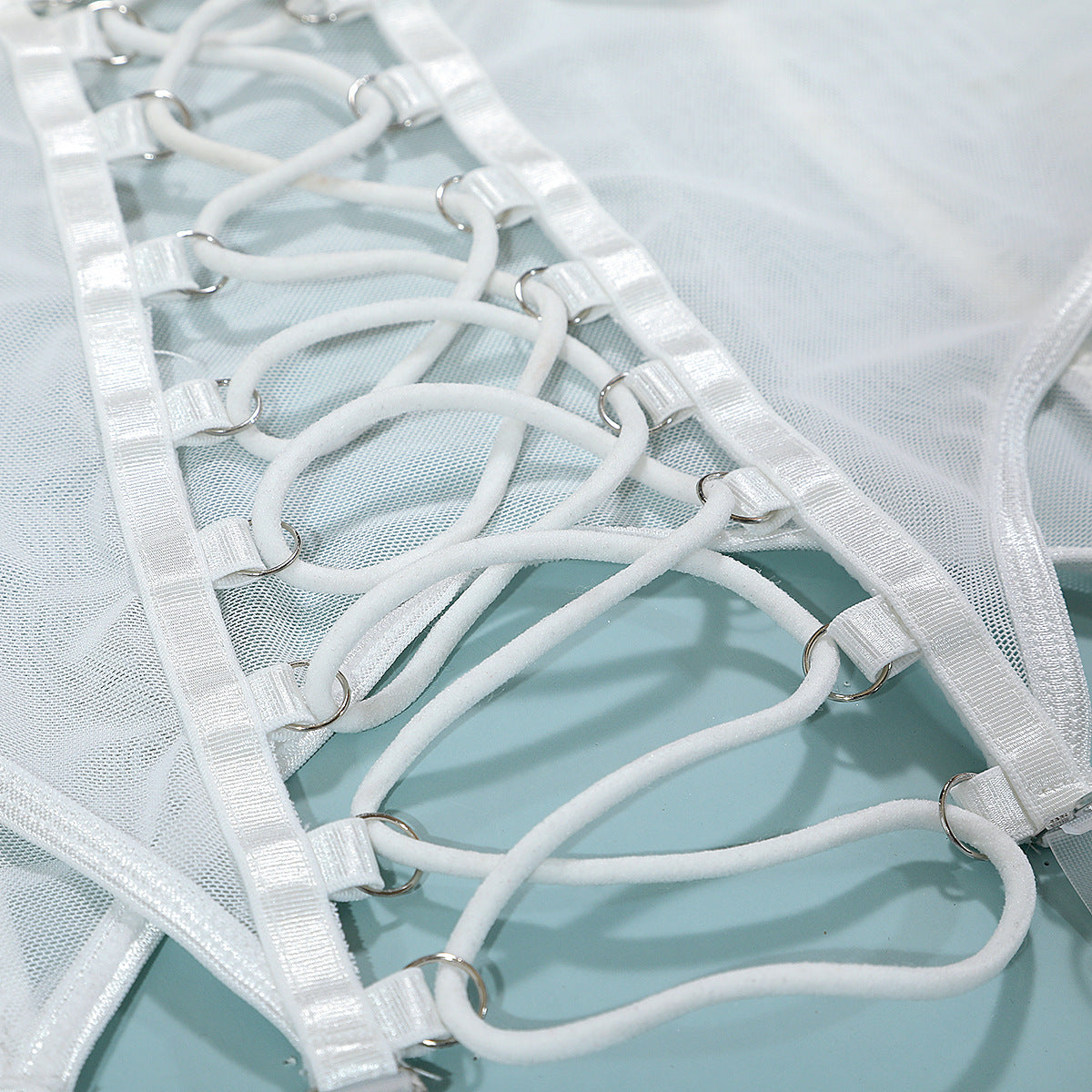 Sheer Mesh Cutout Cross-Strap Gathering
