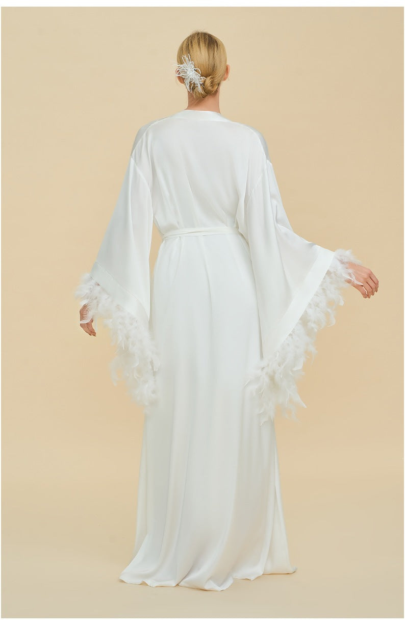 French Feather Trim Luxury Robe | Bridal & Bridesmaid Morning Gown