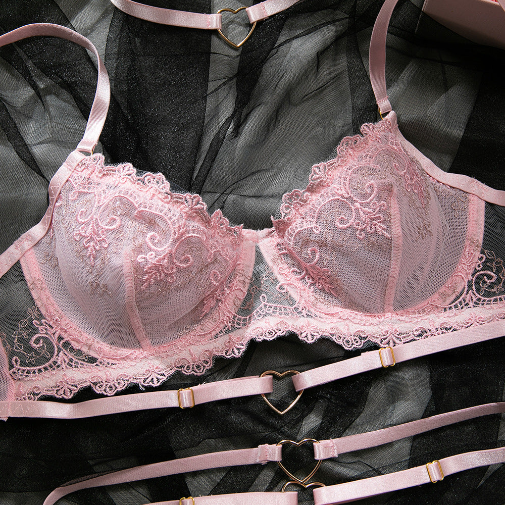 Pink Embroidered Heart Halter Lingerie Set