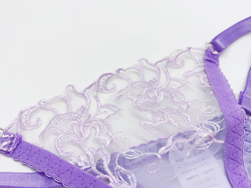 Lace Bra, Thong & Leg Ring Set – Sheer Embroidery, 3-Piece