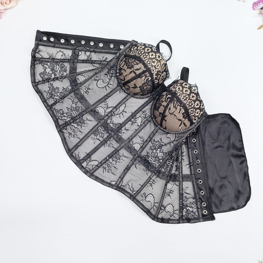 Solid Lace Off-Shoulder Fishbone Corset Bra