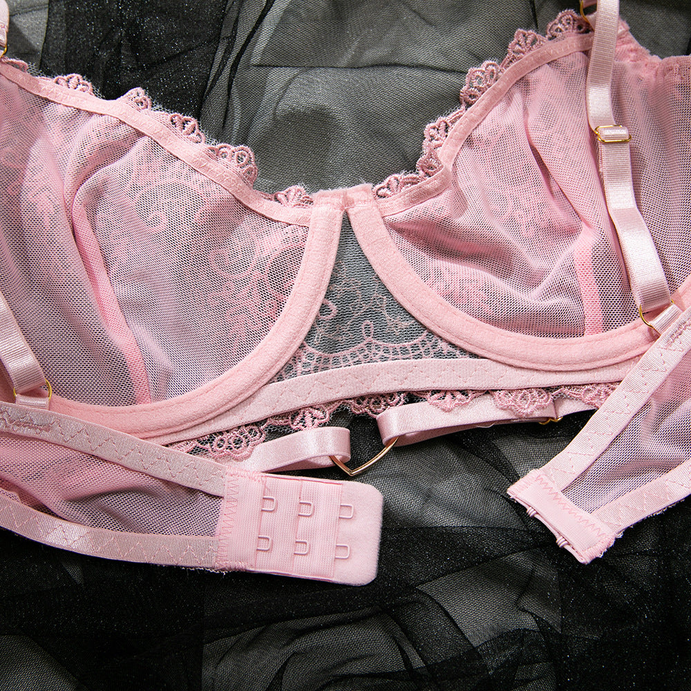 Pink Embroidered Heart Halter Lingerie Set
