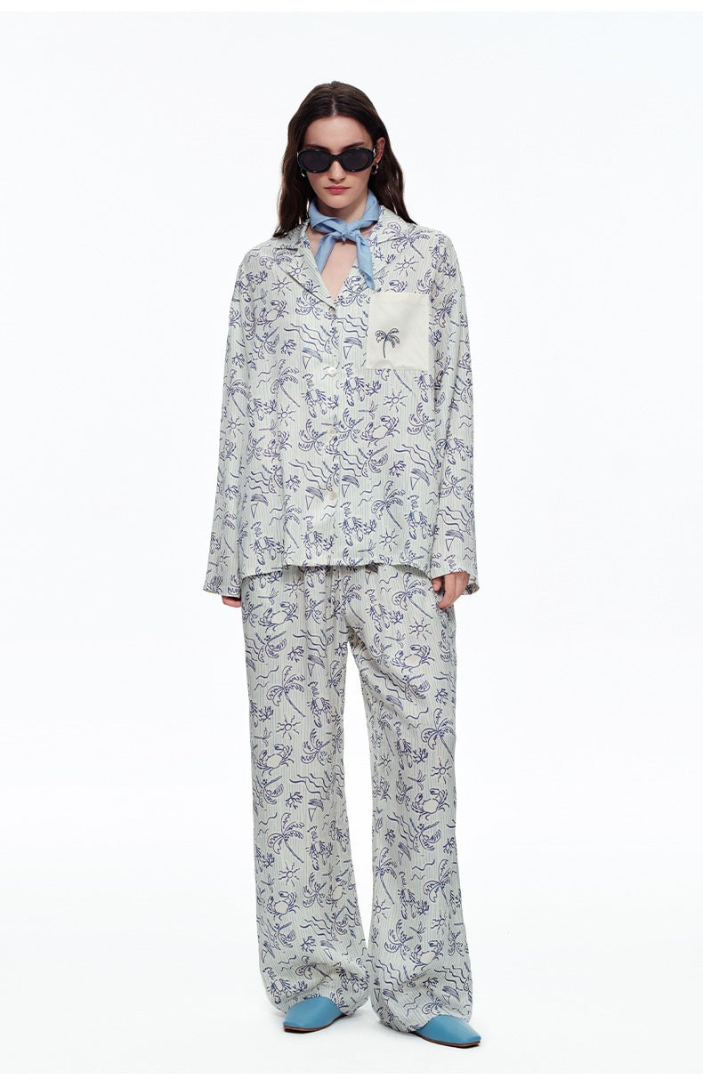 Coconut Grove Print Embroidery Long Sleeve Pajama Set | Spring & Autumn Loungewear