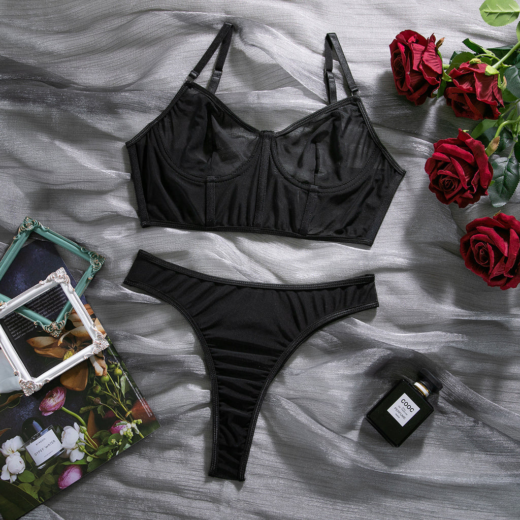 Fishbone Colorblock Sheer Mesh Lift Bra Set