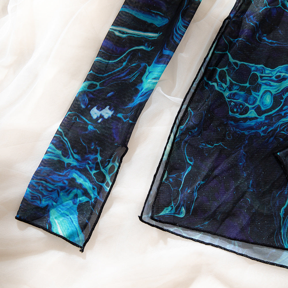 Tie-Dye Sheer Mesh High Neck Slit Dress Set