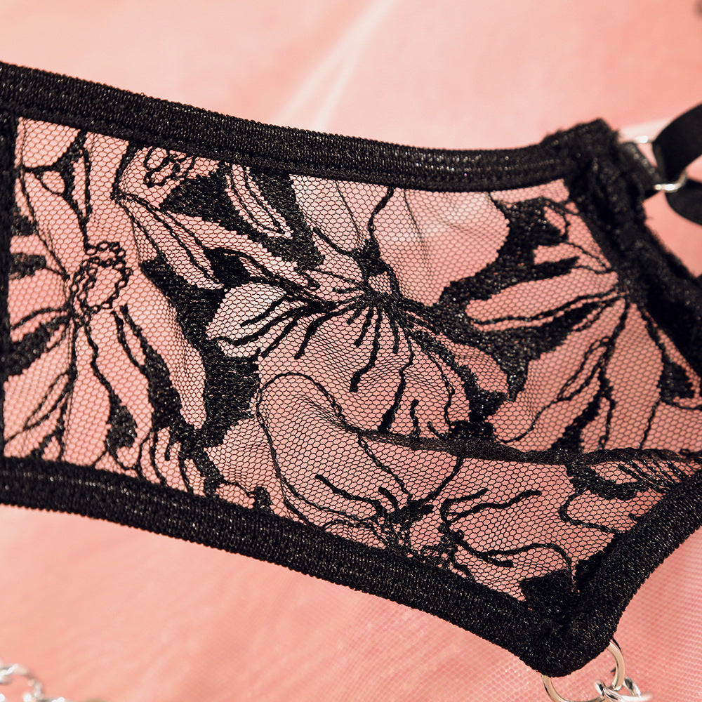 Mesh Embroidery Chain Garter Hollow Cross Lingerie Set