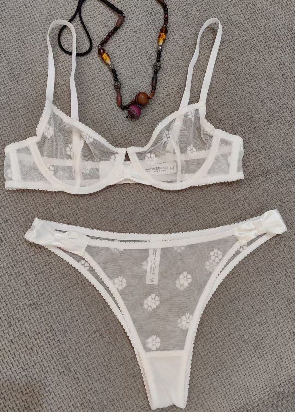 French Flocked Embroidery Sheer Bra Set
