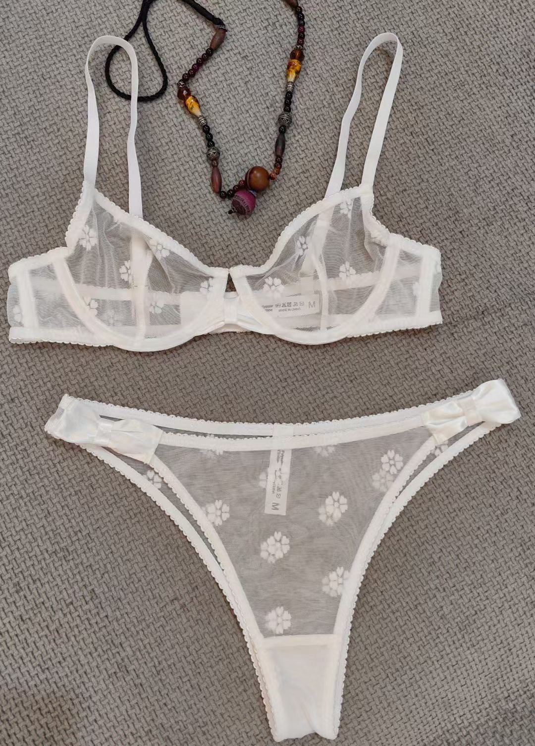 French Flocked Embroidery Sheer Bra Set