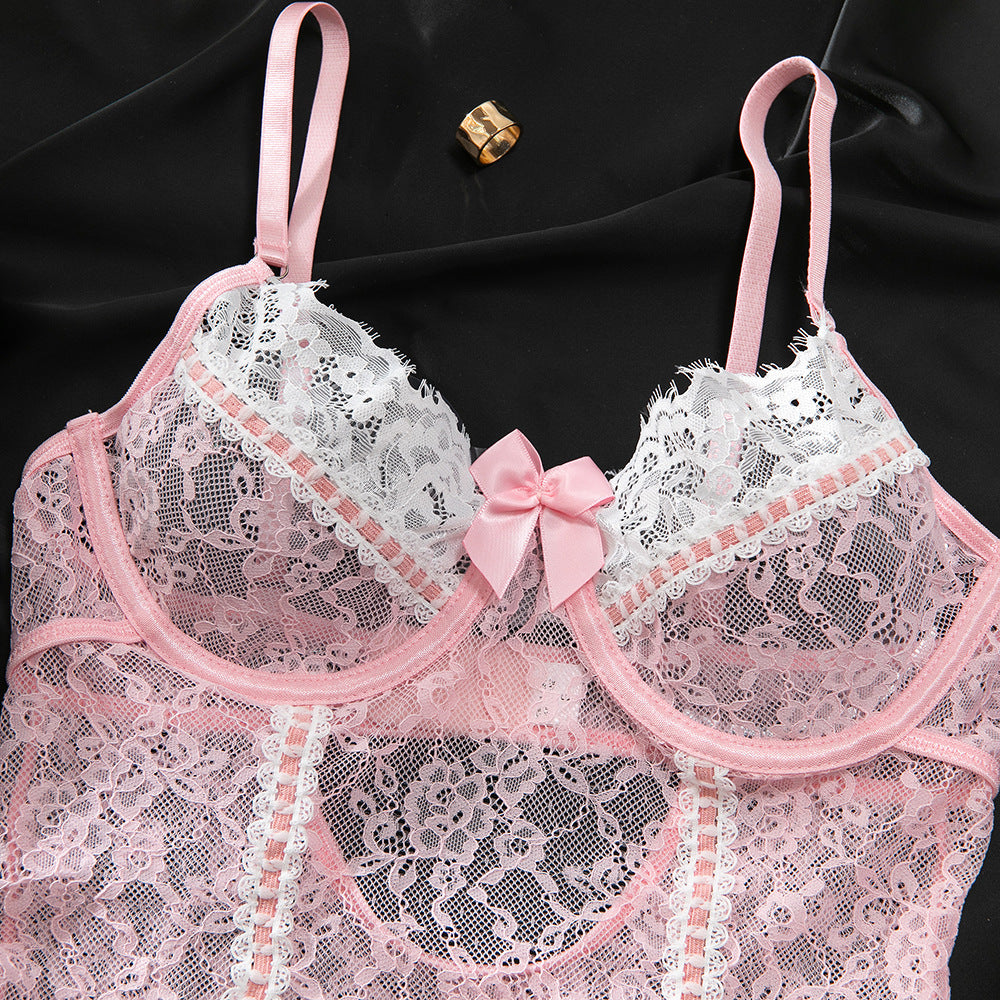 Pink Color-Block Lace Frill Stretch Bodysuit with Garter & Stockings