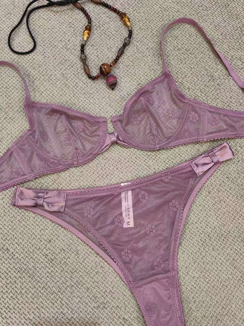 French Flocked Embroidery Sheer Bra Set