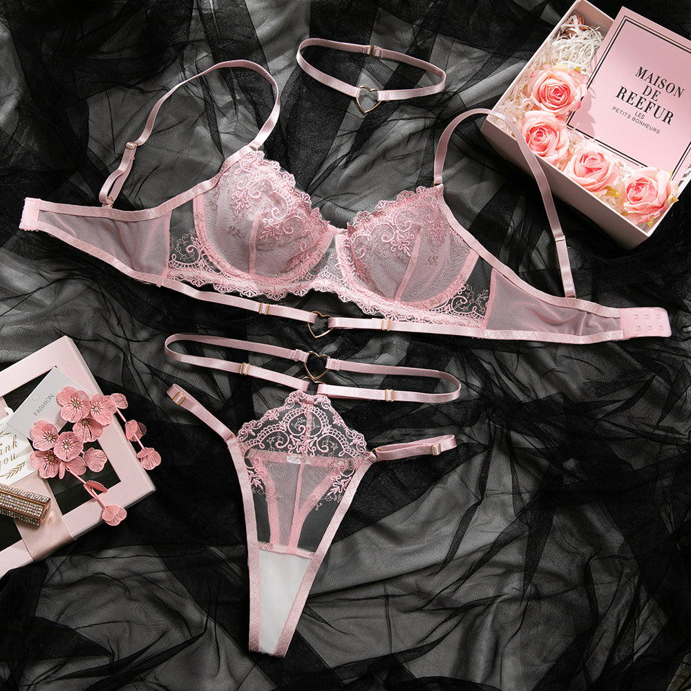 Pink Embroidered Heart Halter Lingerie Set