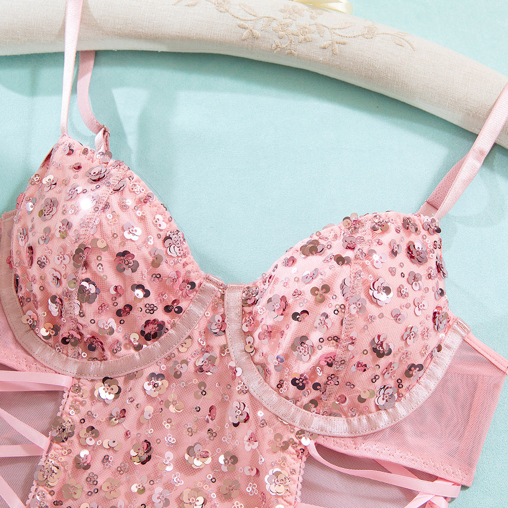 Pink Sequin Butterfly Strap Bodysuit | Sculpting Gather Onesie