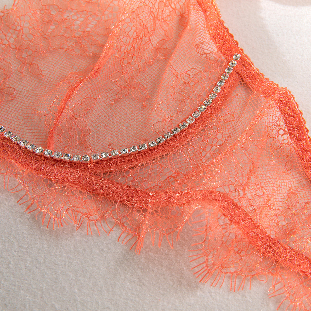 Crystal Lace Sheer Gathering Lingerie Four-Piece Set