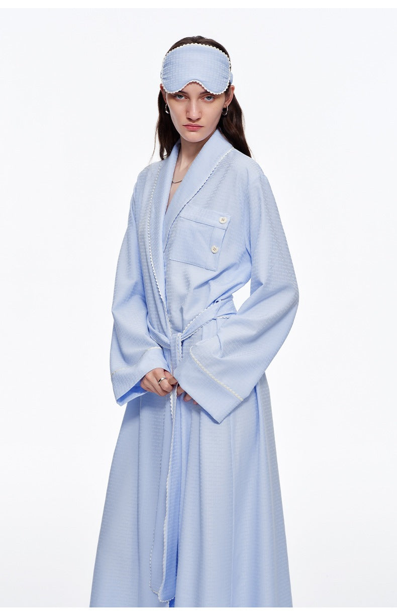 Stripe Waist-Tie Long Morning Robe | Soft Loungewear with Sleep Mask
