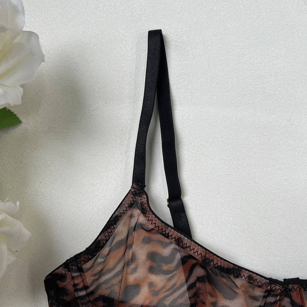 Leopard Print Sheer Mesh Bra Set – French Ultra-Thin, Anti-Sag | 4 Colors