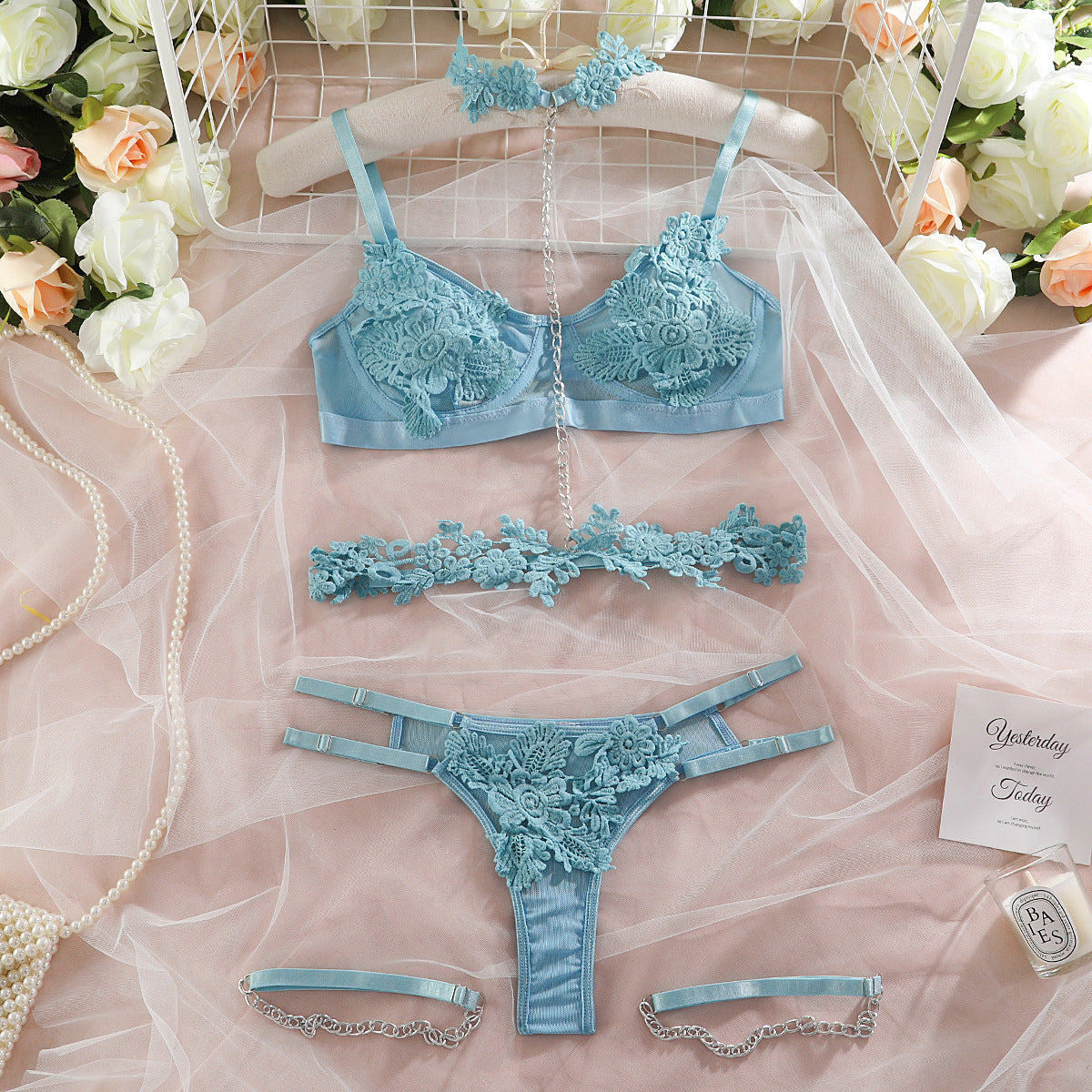 Soluble Lace Chain Gathering Lingerie Set
