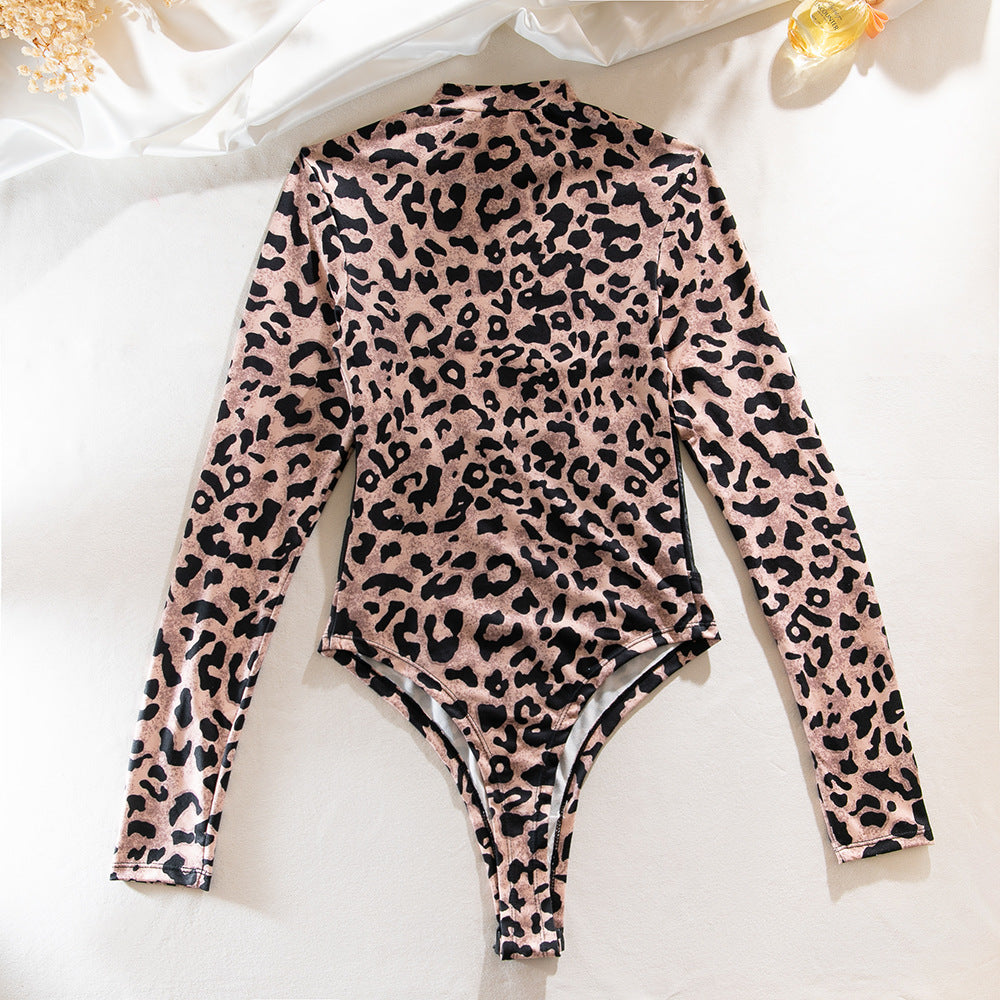 Leopard Print Sheer Mesh Bodysuit | Long Sleeve Shapewear Onesie