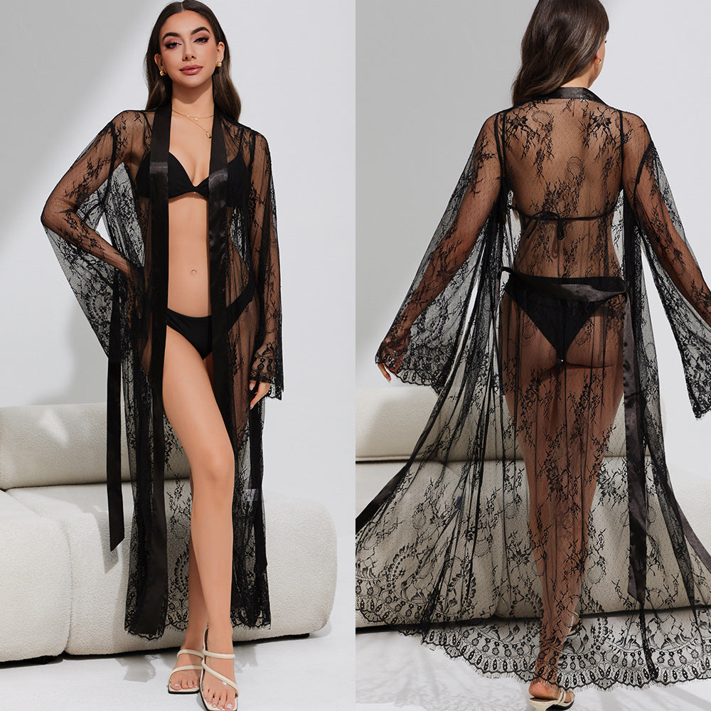 Black Lace Long Robe & Nightgown Set | Sheer Sleepwear