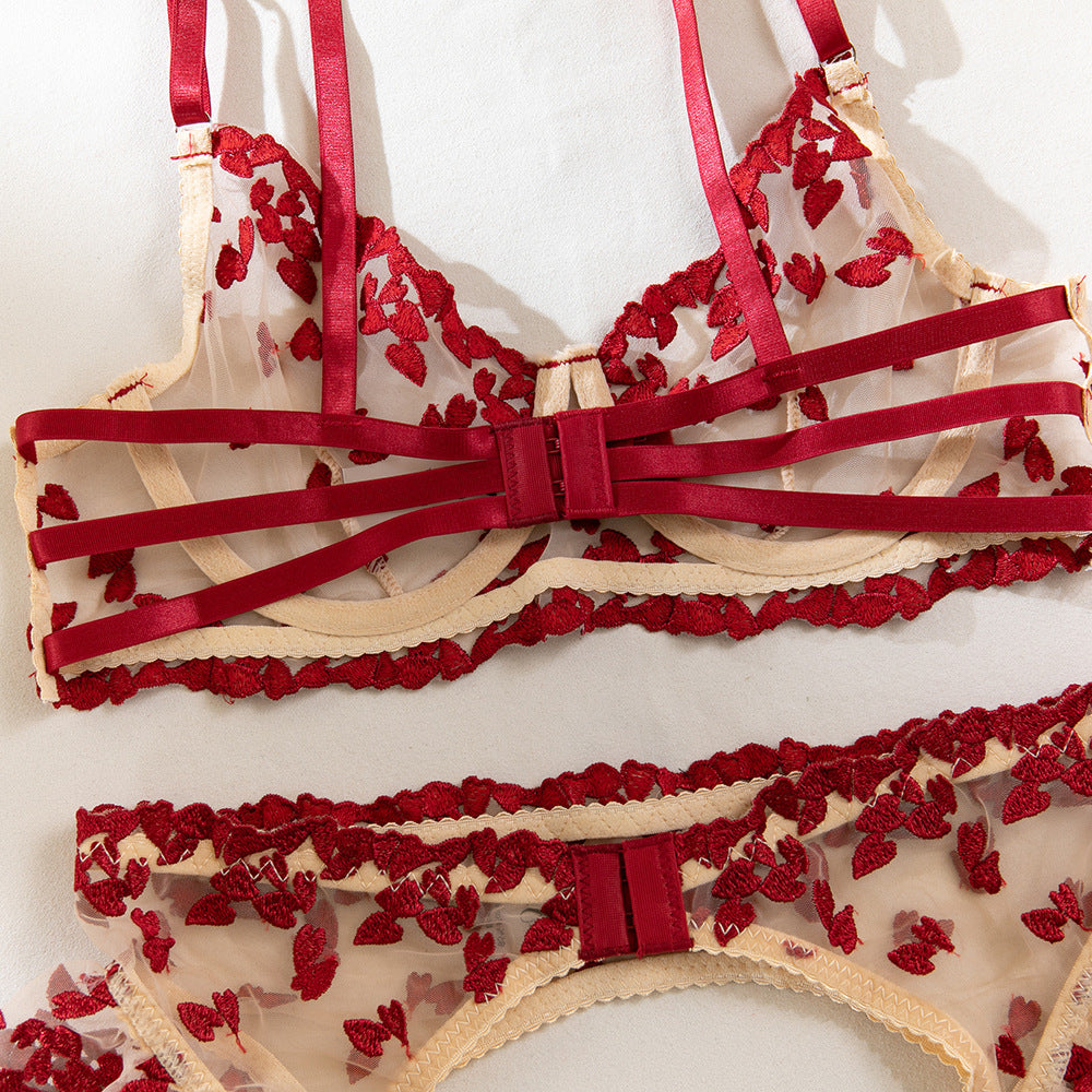Red Floral Embroidery Sheer Lift Luxury Lingerie Set