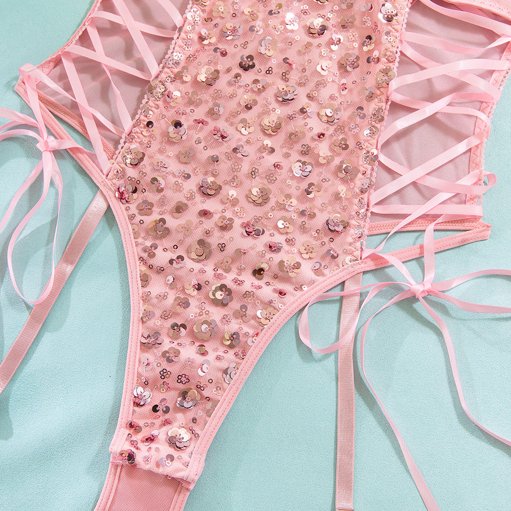Pink Sequin Butterfly Strap Bodysuit | Sculpting Gather Onesie