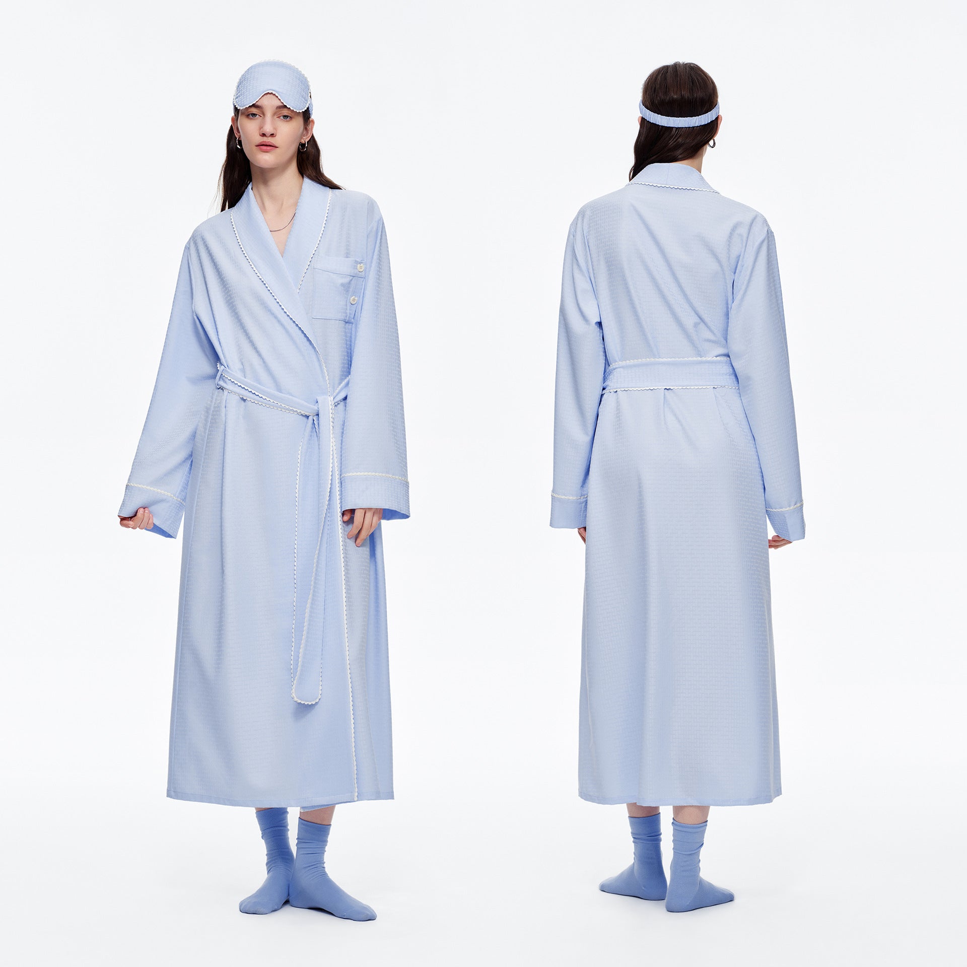 Stripe Waist-Tie Long Morning Robe | Soft Loungewear with Sleep Mask