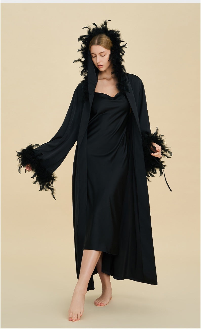 Slip Dress & Hooded Marabou Robe Set | Luxury Ice Silk Sleepwear