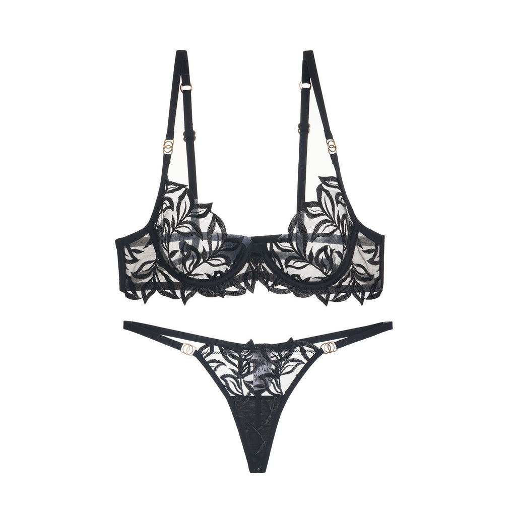 Embroidery Lace Anti-Sag Bra Set – Sheer, Full Coverage, with Thong