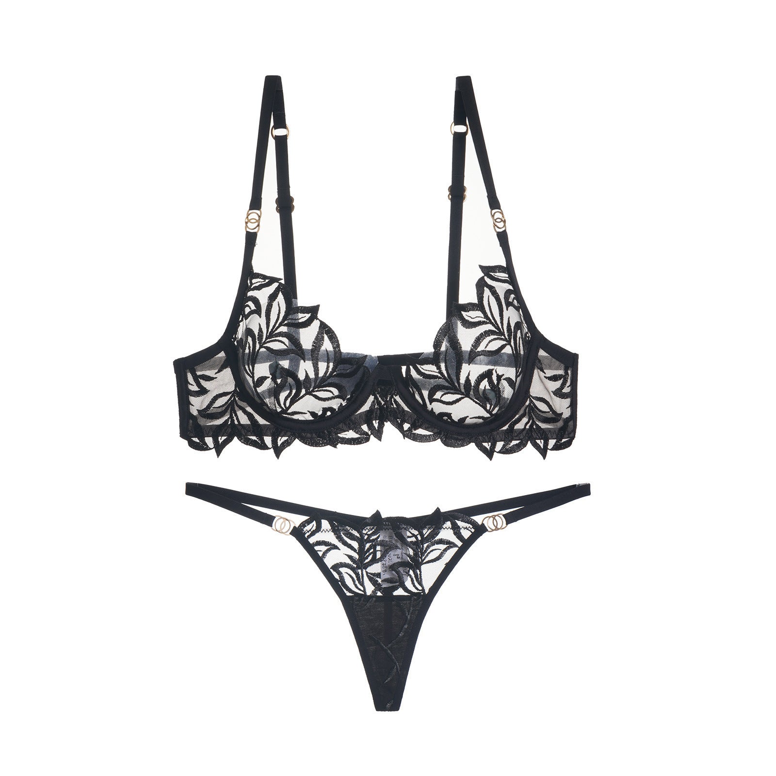 Embroidery Lace Anti-Sag Bra Set – Sheer, Full Coverage, with Thong