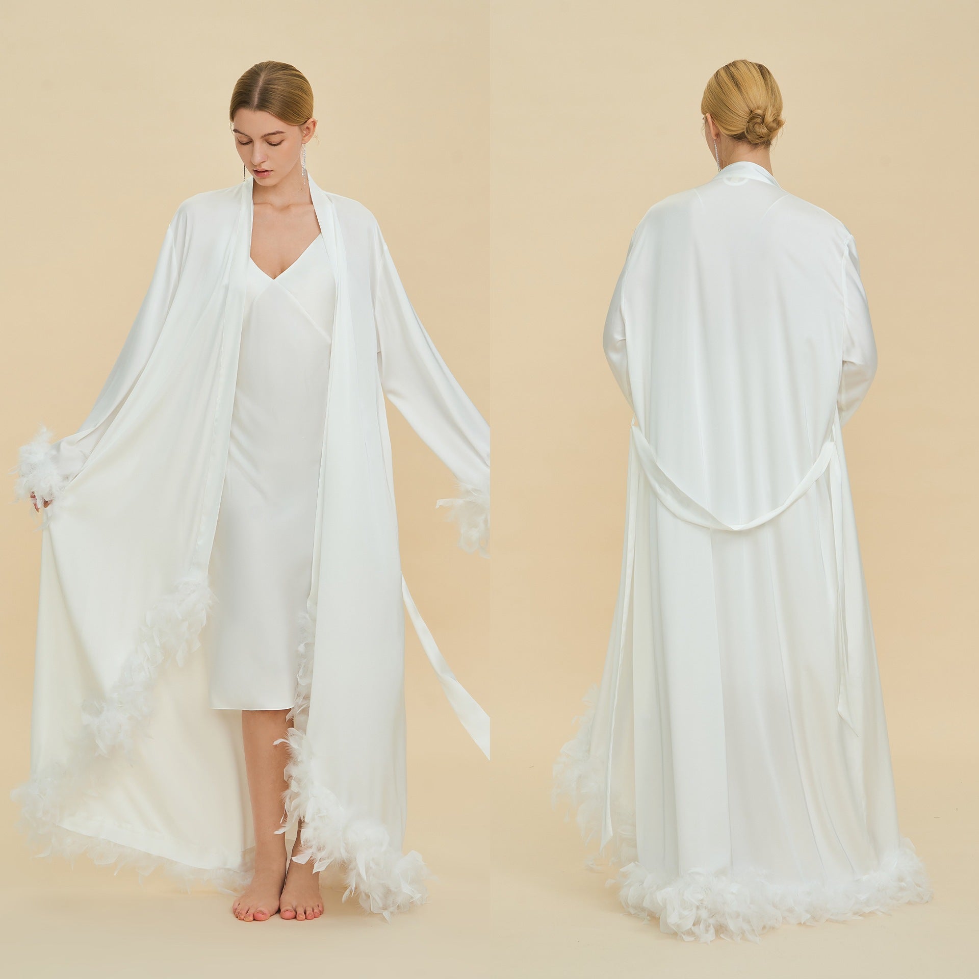 Feather Trim Trailing Long Morning Robe | Luxury Nightgown Robe