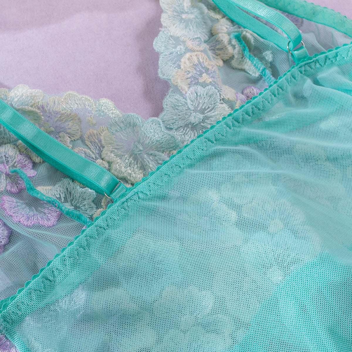 Mint Green Embroidery Mesh Halter Neck Babydoll Four-Piece Set