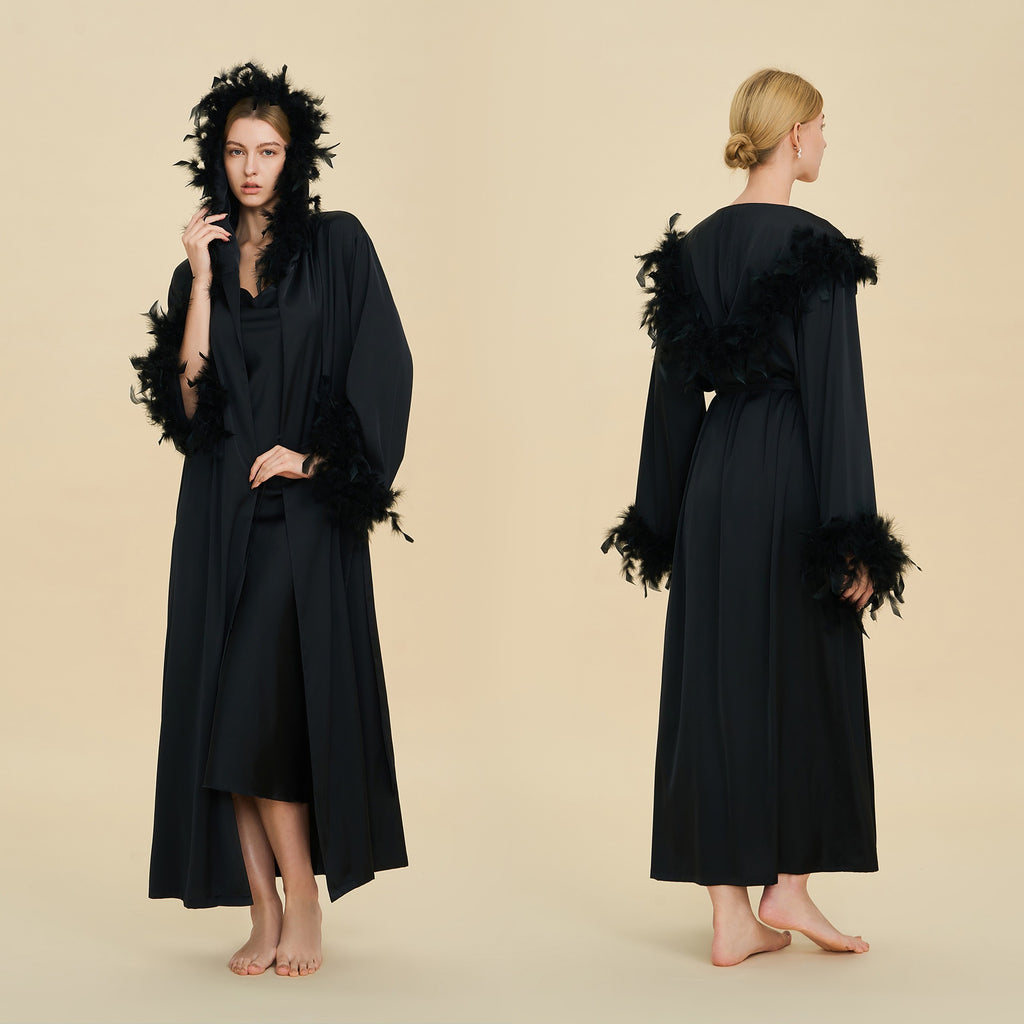 Hooded Feather Trim Long Robe | Detachable Luxury Loungewear