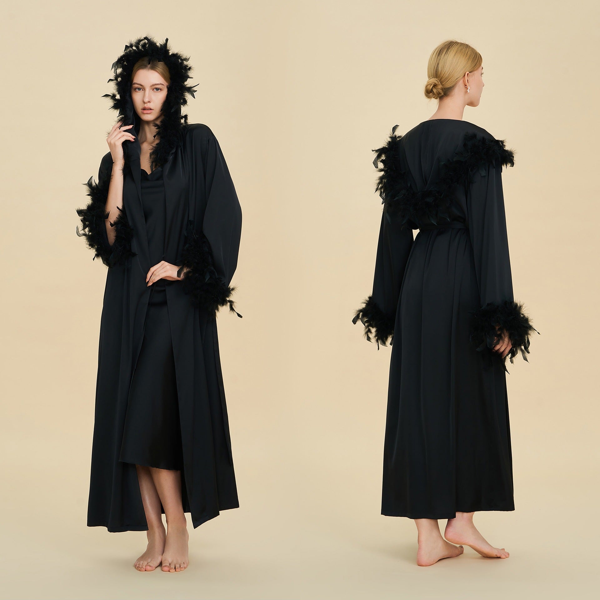 Hooded Feather Trim Long Robe | Detachable Luxury Loungewear