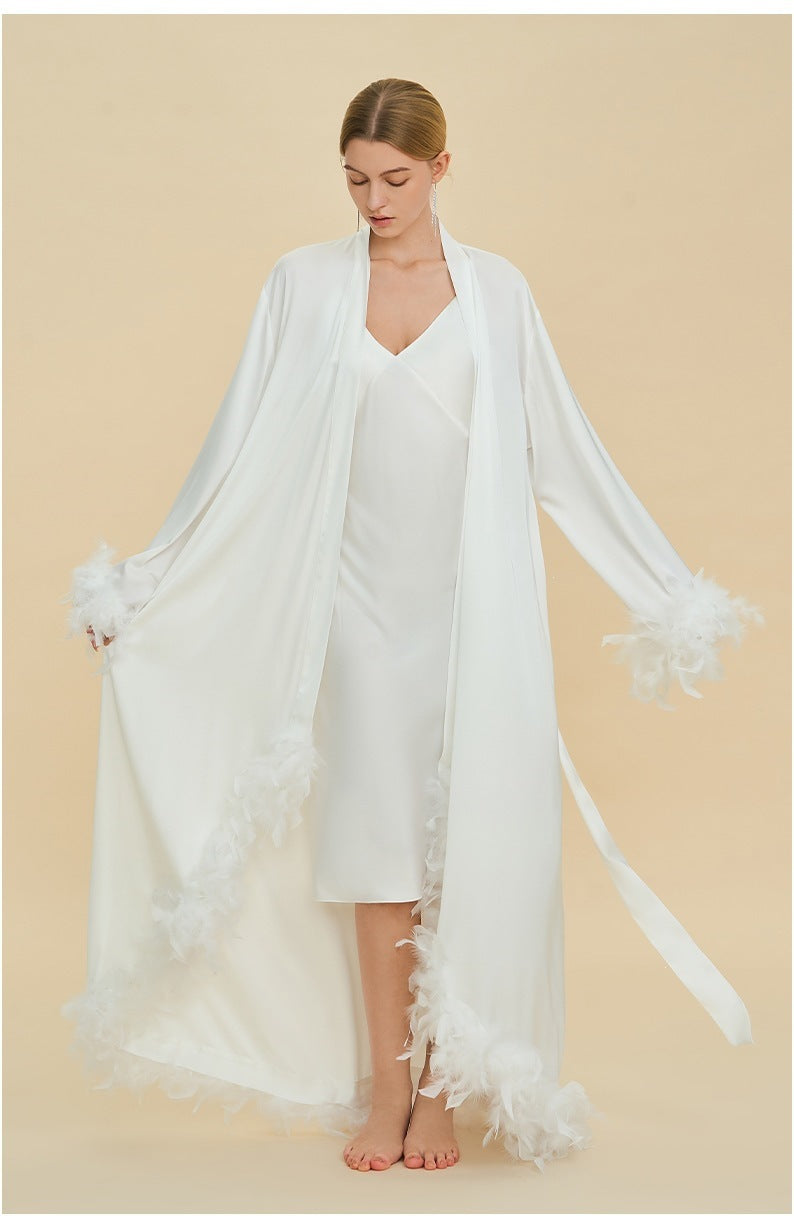 Feather Trim Trailing Long Morning Robe | Luxury Nightgown Robe