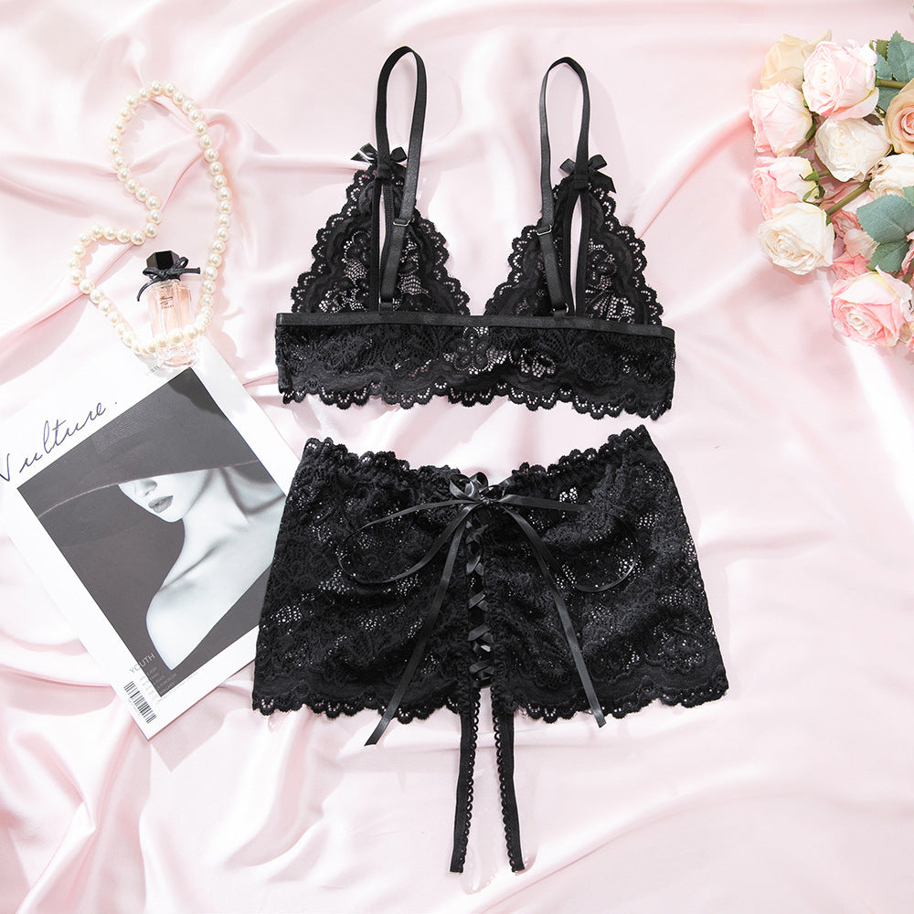 Black Lace Tie-Up Gathering Bra & High-Waist Panty Set