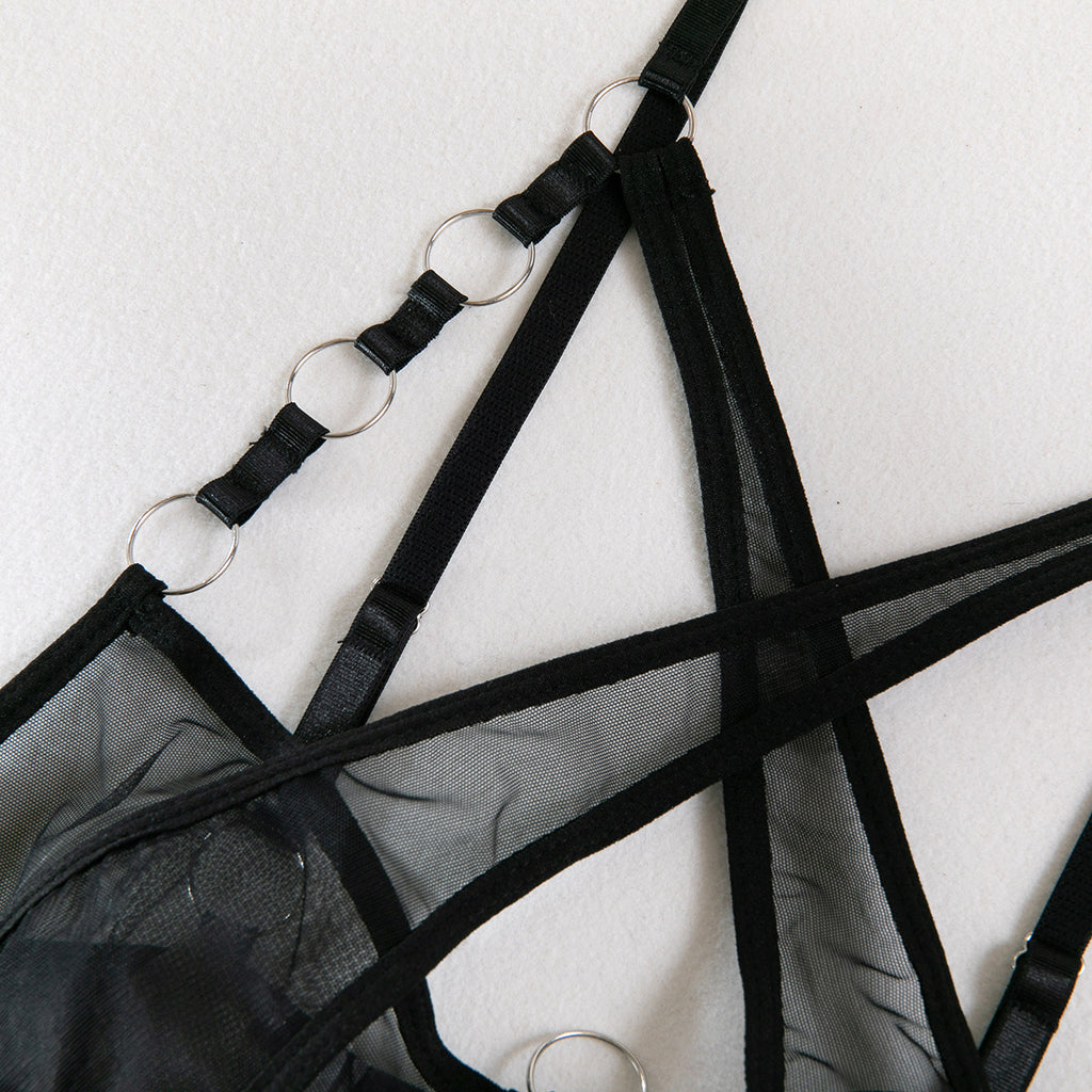 Mesh Metal Ring Sling Underwire Waist Seal Lingerie Set
