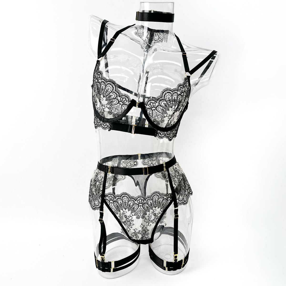 Lace Embroidered Lingerie Set — Sheer Mesh Front-Clasp Four-Piece