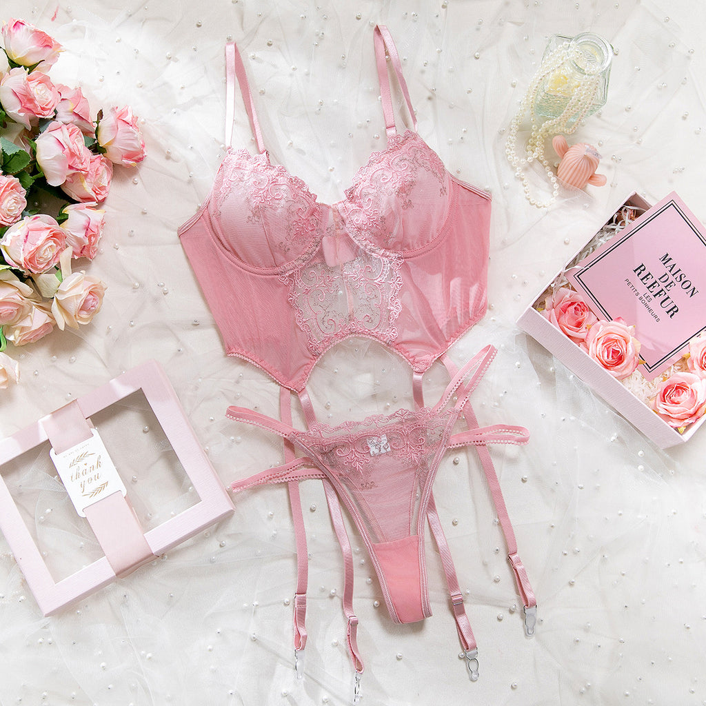 Pink Embroidered Underwire Lingerie Set