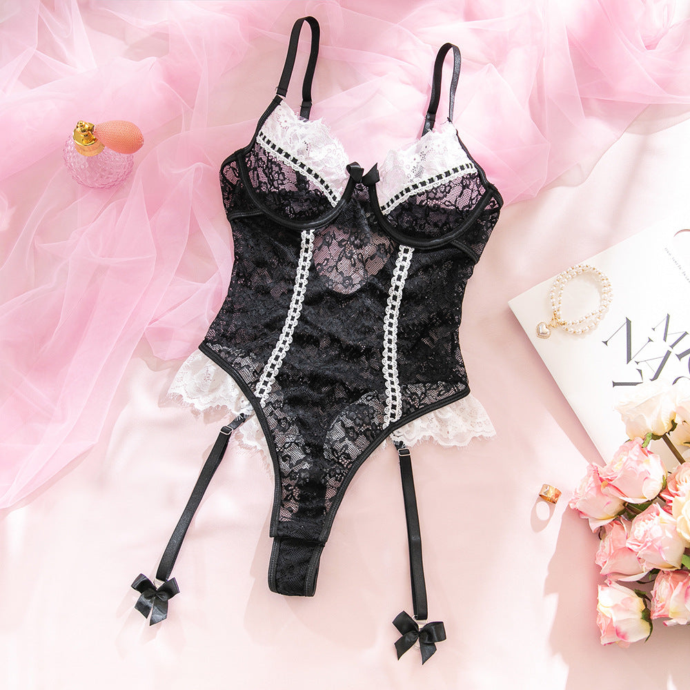 Lace Frill Stretch Bodysuit with Stockings