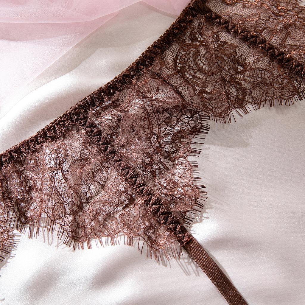 Mocha Ultra-Thin Lace Underwire Bra Set with Waist Belt