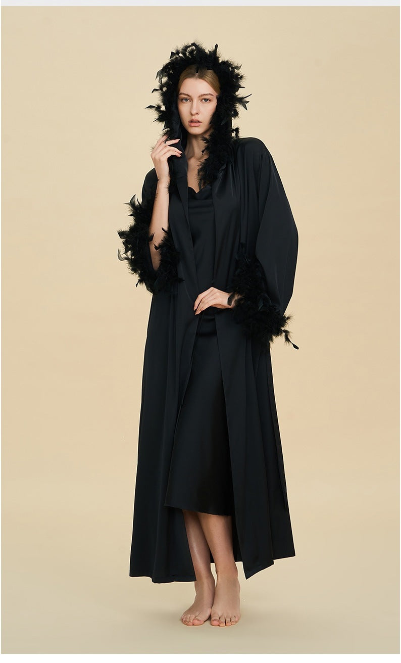 Hooded Feather Trim Long Robe | Detachable Luxury Loungewear