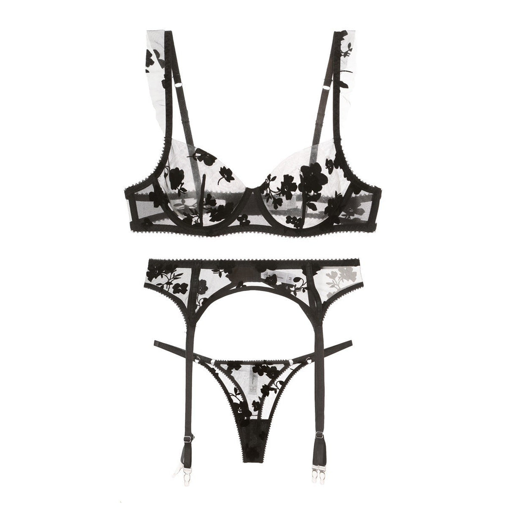French Lace Embroidered Bra Set – Minimizing & Anti-Sag with Sheer Cups