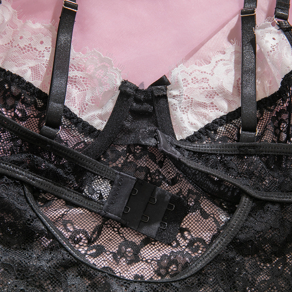 Lace Frill Stretch Bodysuit with Stockings