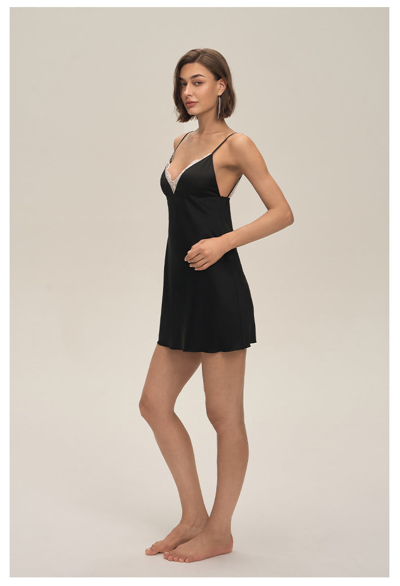 Lace Slim Satin Chiffon Backless Spaghetti Strap Nightdress — Sexy Loungewear