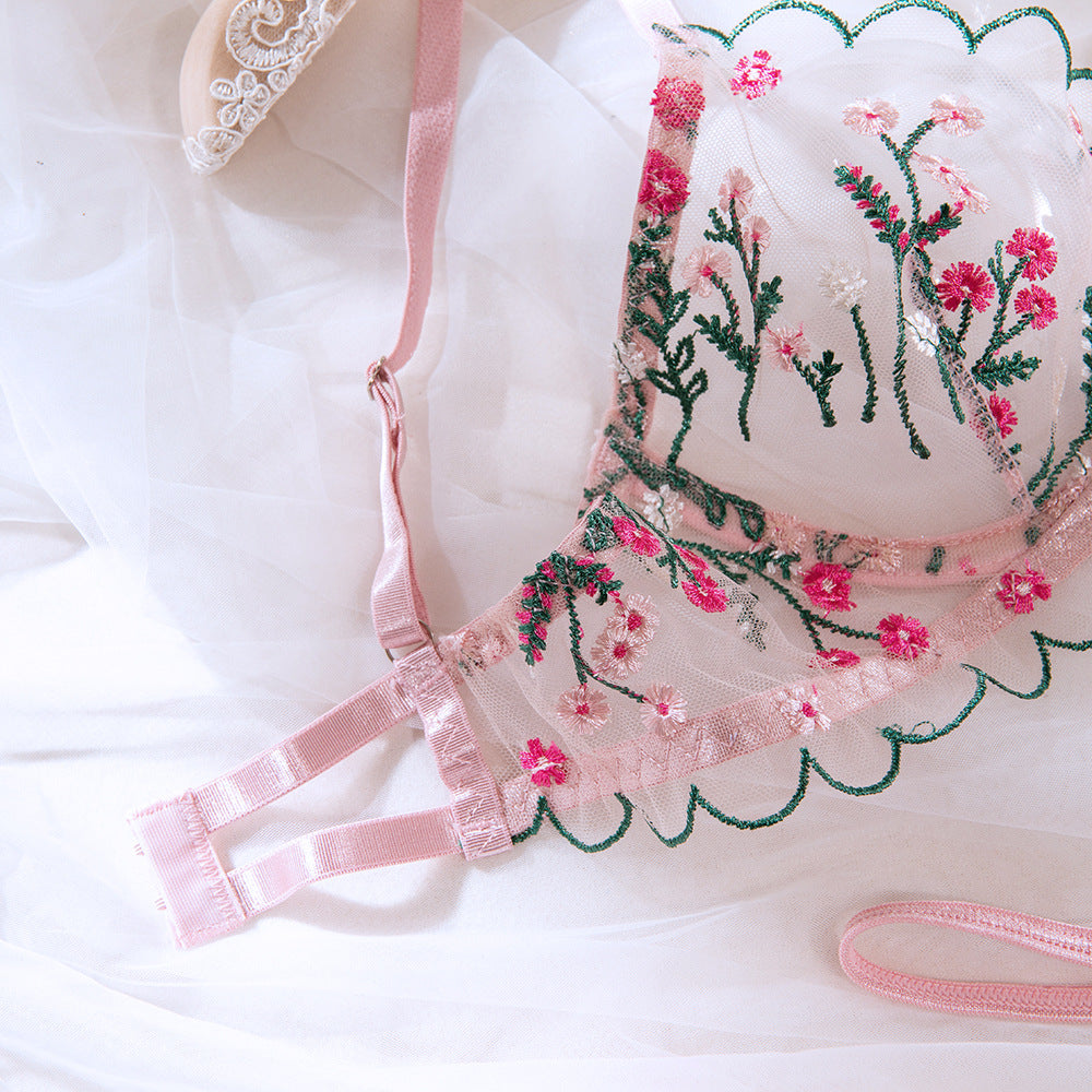 Pink Ultra-Thin Single-Layer Mesh Embroidery Underwire Lift Bra Set