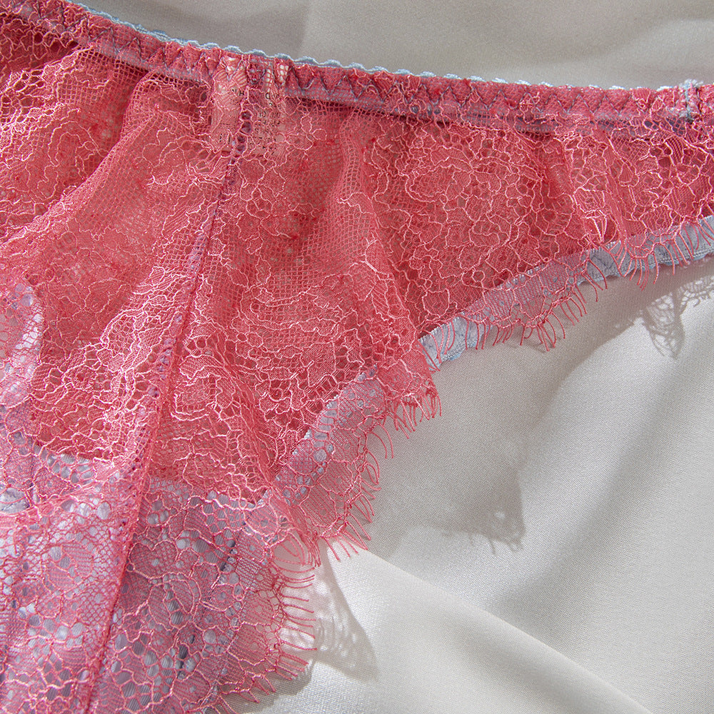 Pink Eyelash Lace Sheer Gathering Bra Lingerie Set