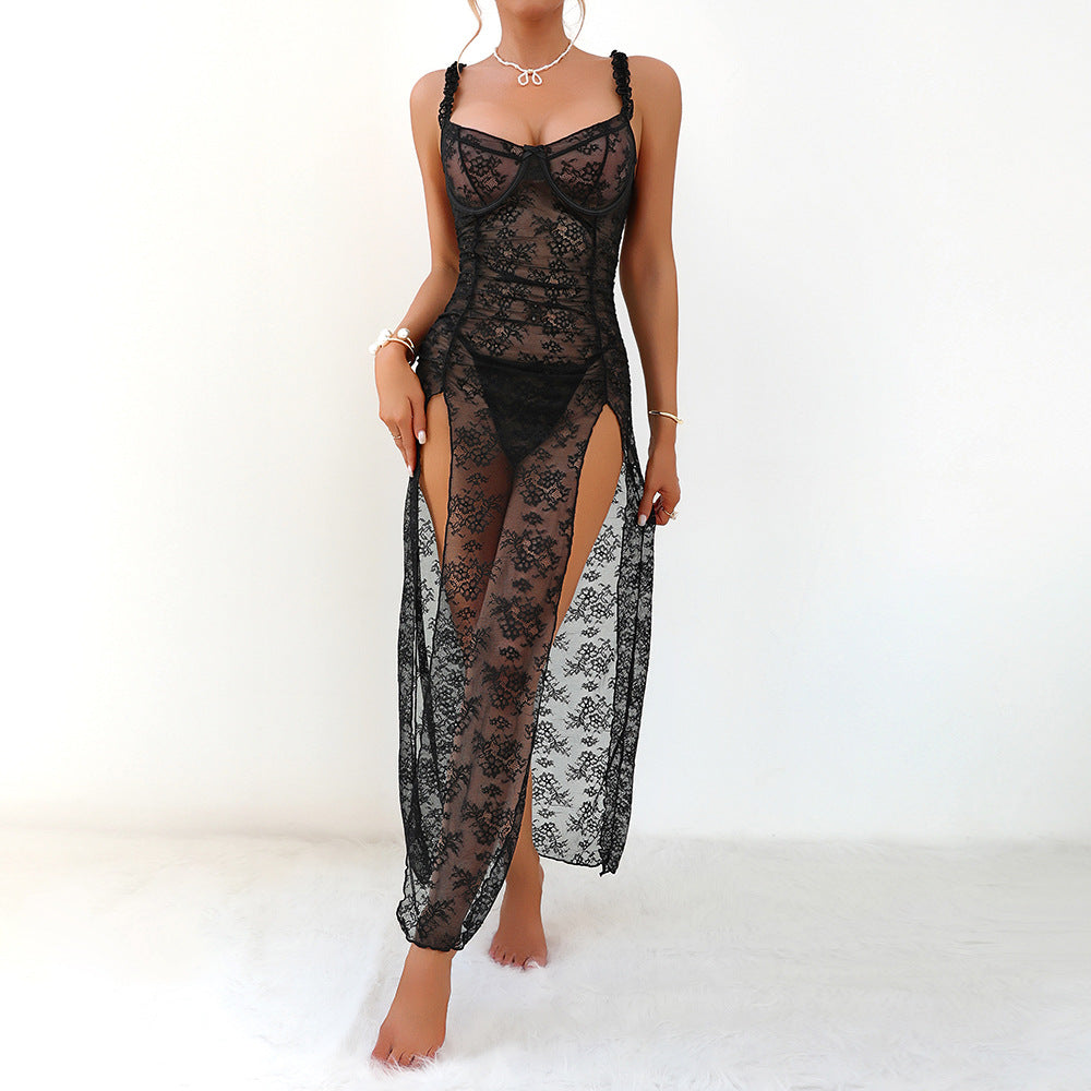 Black Lace Sheer Hollow-Out High-Slit Maxi Sleep Dress