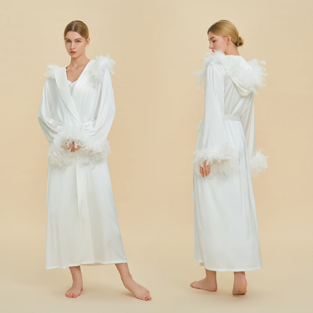Hooded Feather Trim Long Robe | Detachable Luxury Loungewear
