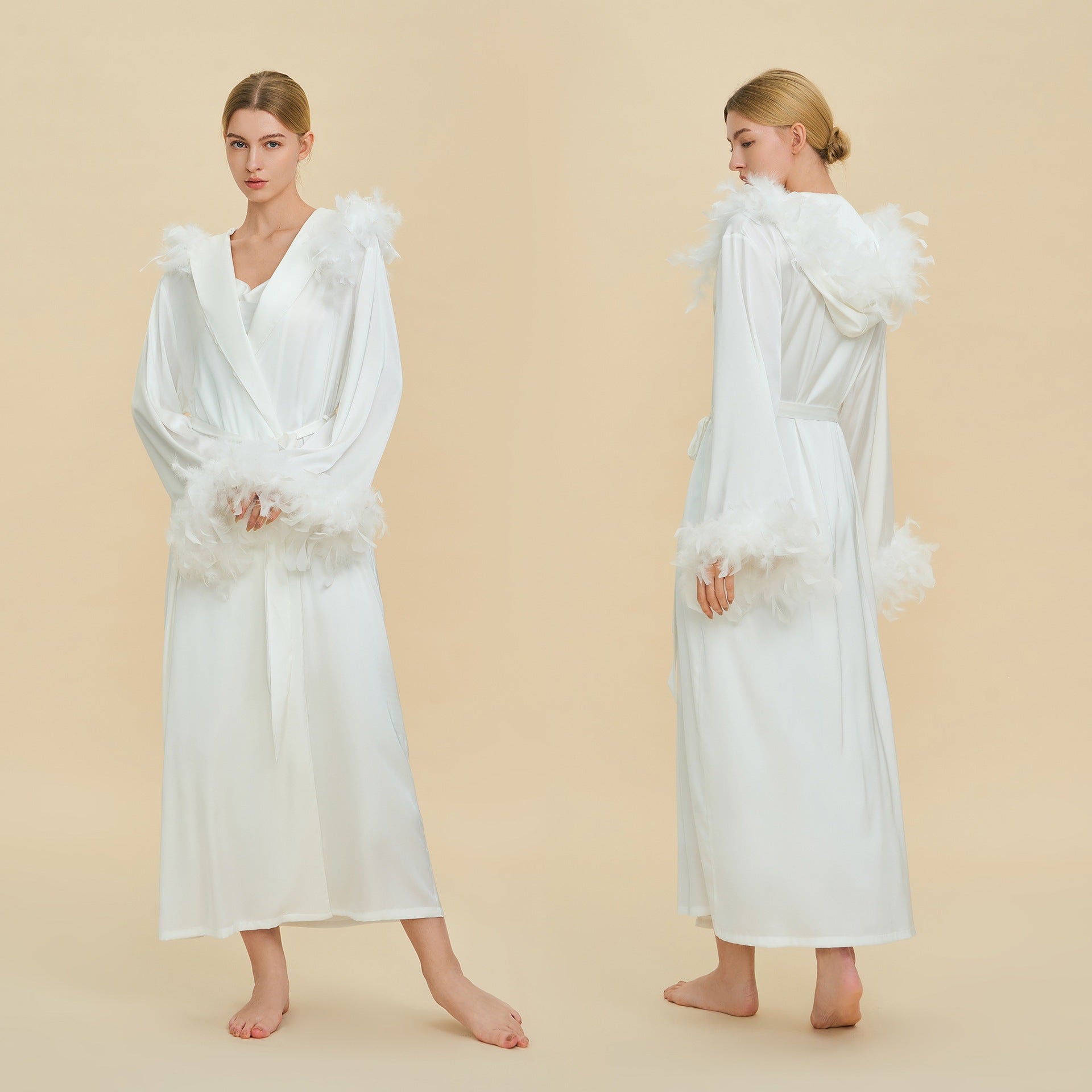 Hooded Feather Trim Long Robe | Detachable Luxury Loungewear